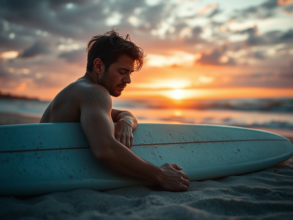 tired surfer resting on beach with board, sunset light, peaceful recovery moment