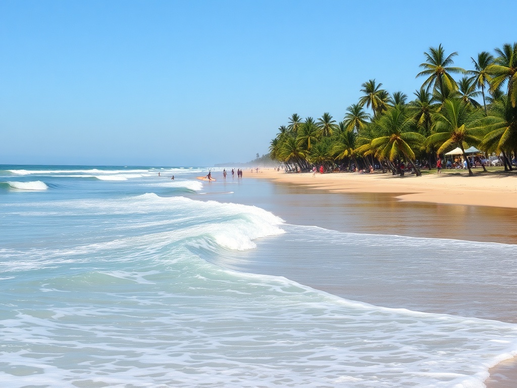uncrowded surf beach with clean peeling waves and only a few surfers, palm trees and clear water