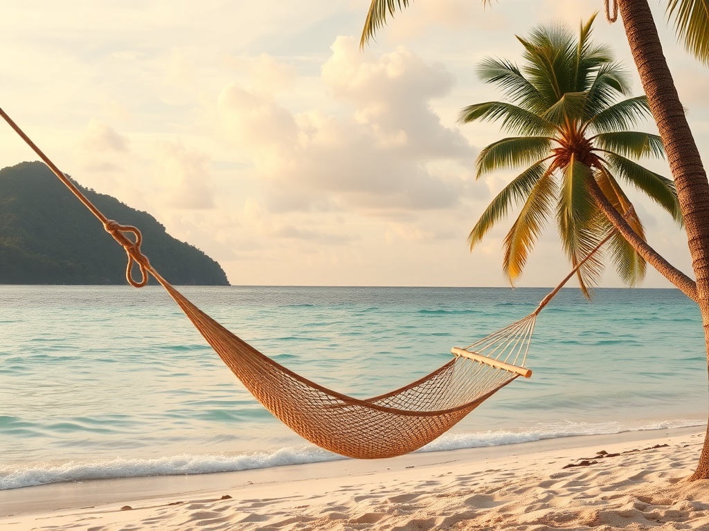 calm ocean no waves tropical beach relaxing scene hammock palm trees