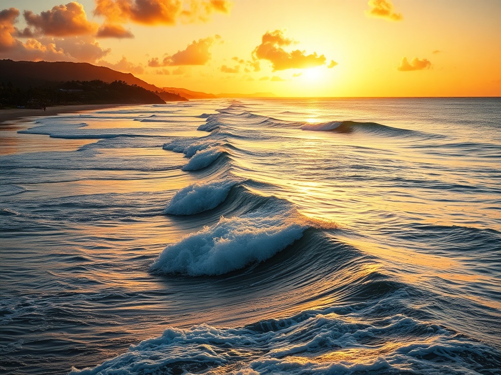 golden hour surf break with peeling waves and empty lineup, tropical coastline, cinematic lighting