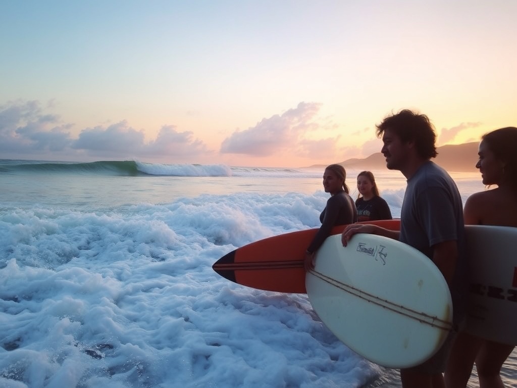 local surfers sharing waves sunset cultural connection ocean respect vibe