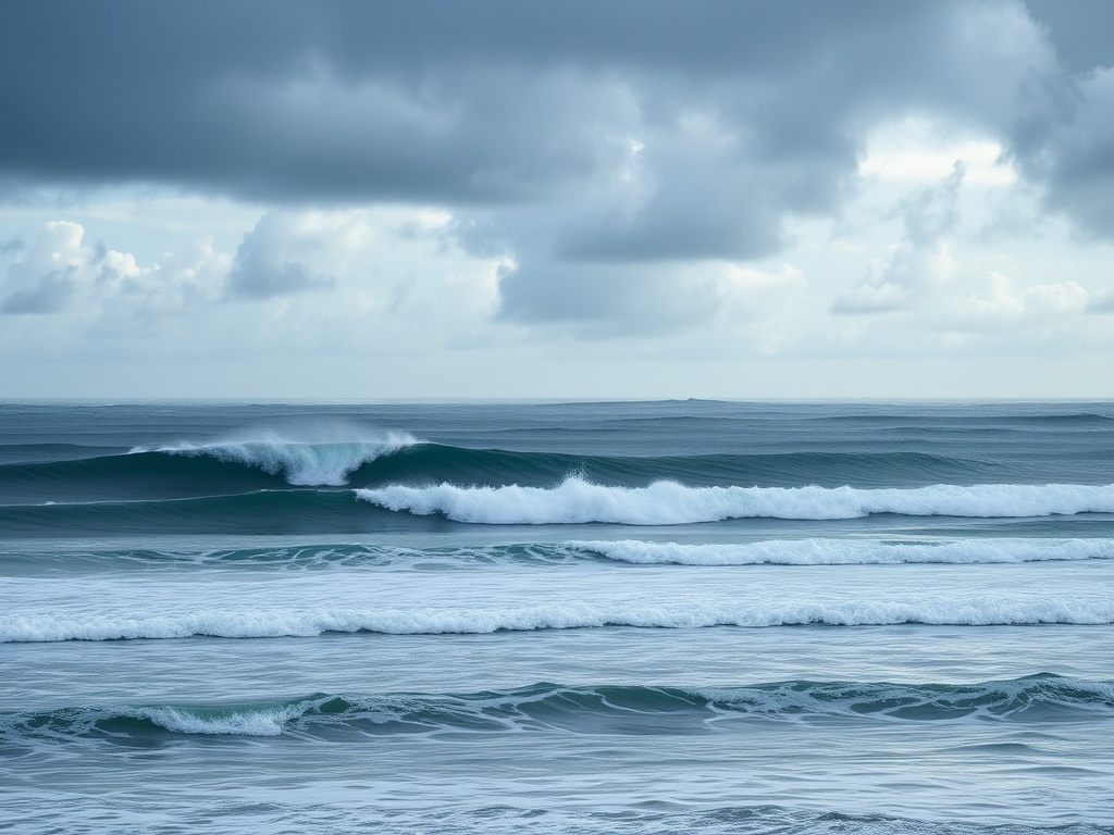 powerful ocean swell lines rolling toward coastline, dramatic clouds, surfers waiting in lineup