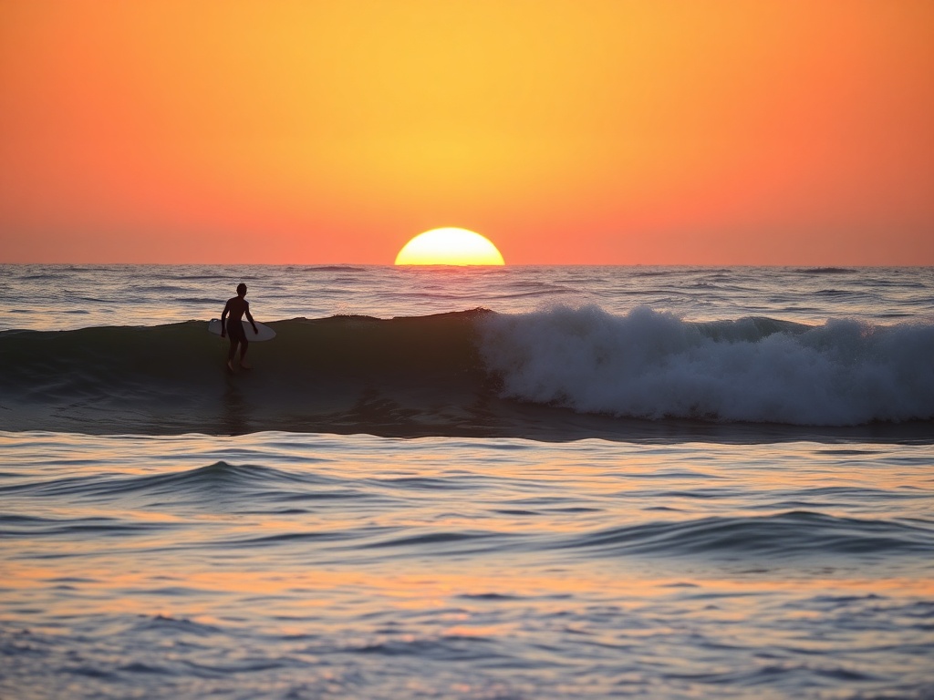 sunrise surf session calm glassy waves, warm colors, peaceful ocean