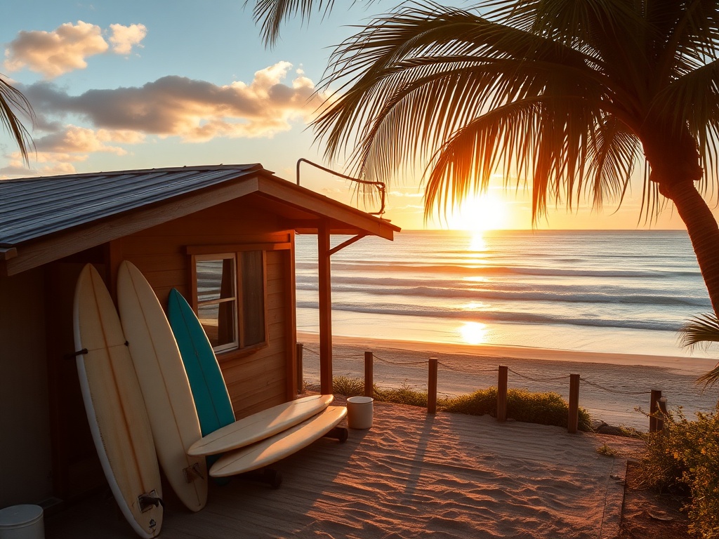 surf bungalow overlooking beach break, boards stacked outside, sunrise ocean view
