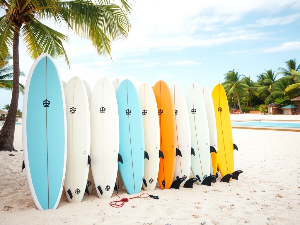 surfboards lined up on beach, wax, leash, fins, tropical setting, clean aesthetic