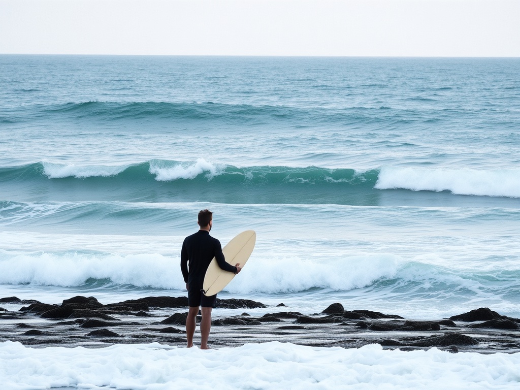 surfer studying ocean from shoreline, waves breaking over reef, thoughtful mood