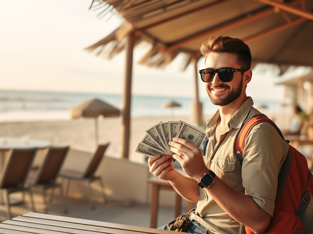 traveler counting money with surfboard nearby, beach cafe setting, relaxed vibe