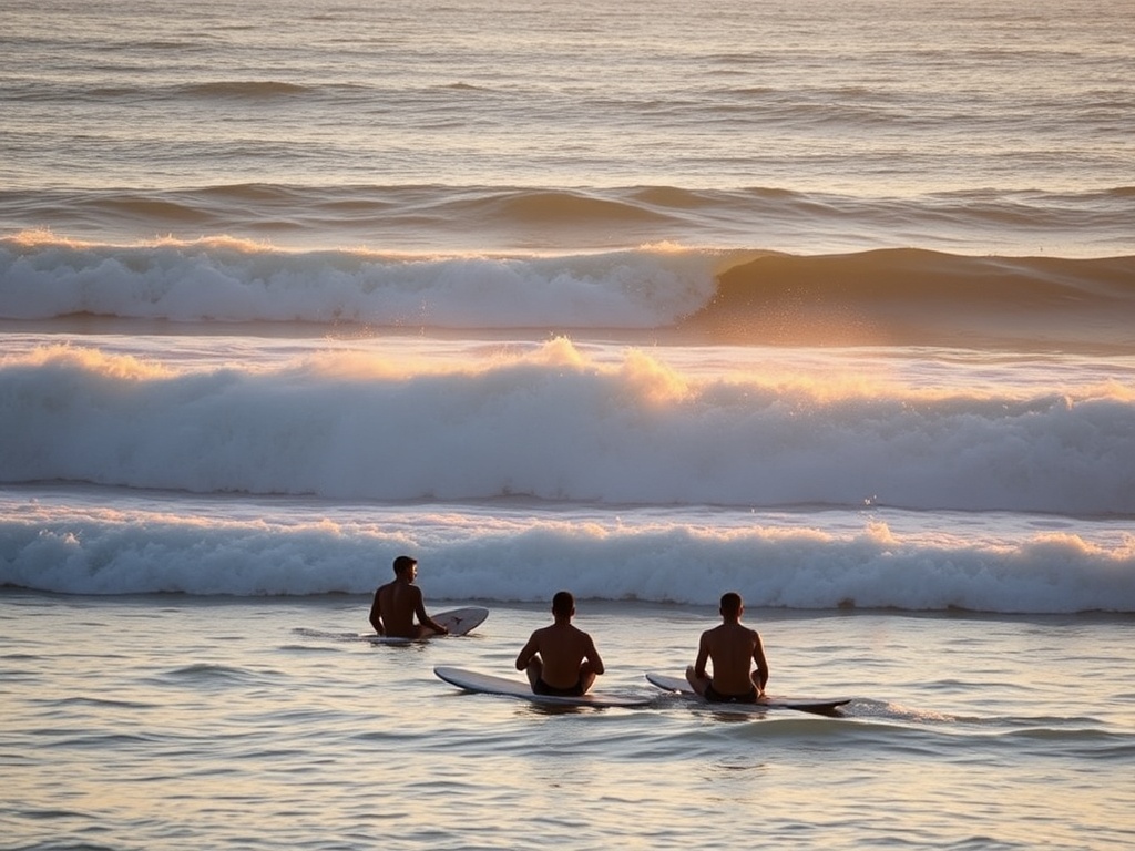 early morning surf session with golden light, surfers sitting on boards waiting for waves