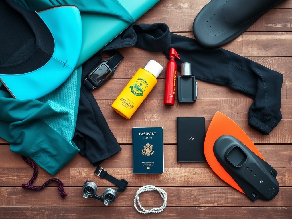 flat lay of surf travel gear including wetsuit sunscreen wax fins and passport on wooden surface