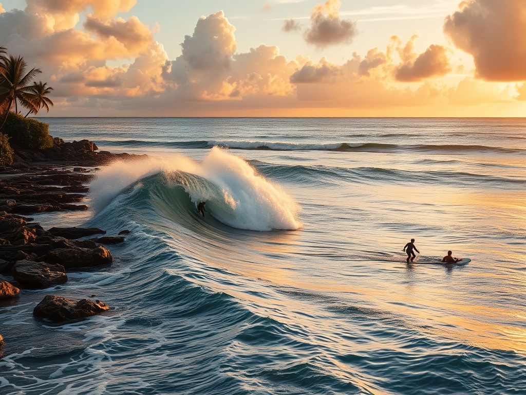 golden hour waves breaking over a tropical reef with surfers paddling out, dramatic sky and crystal water