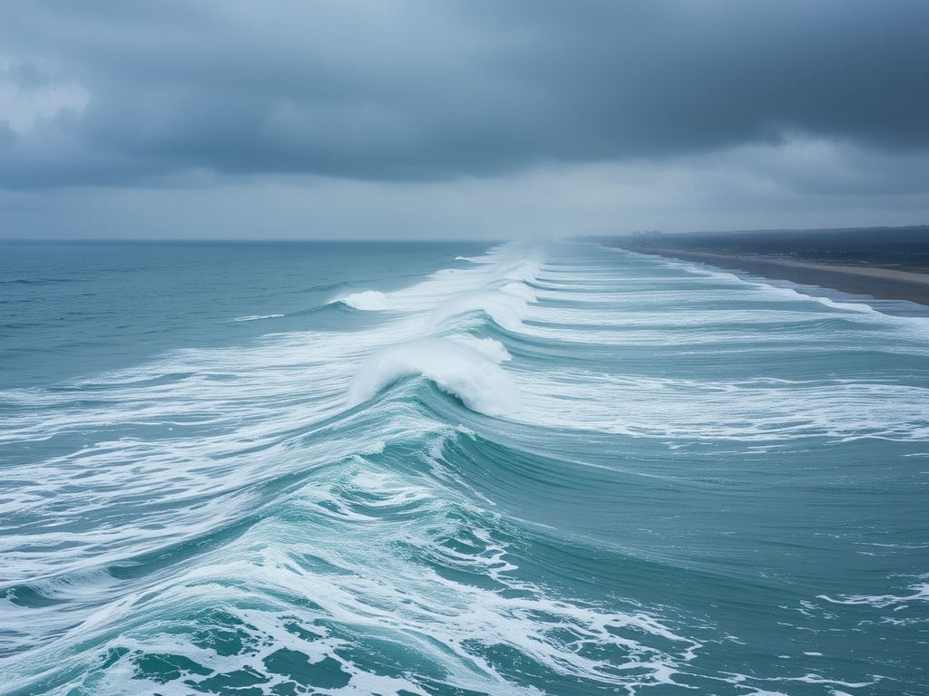 powerful ocean swell rolling toward a coastline, long lines of waves under a moody sky