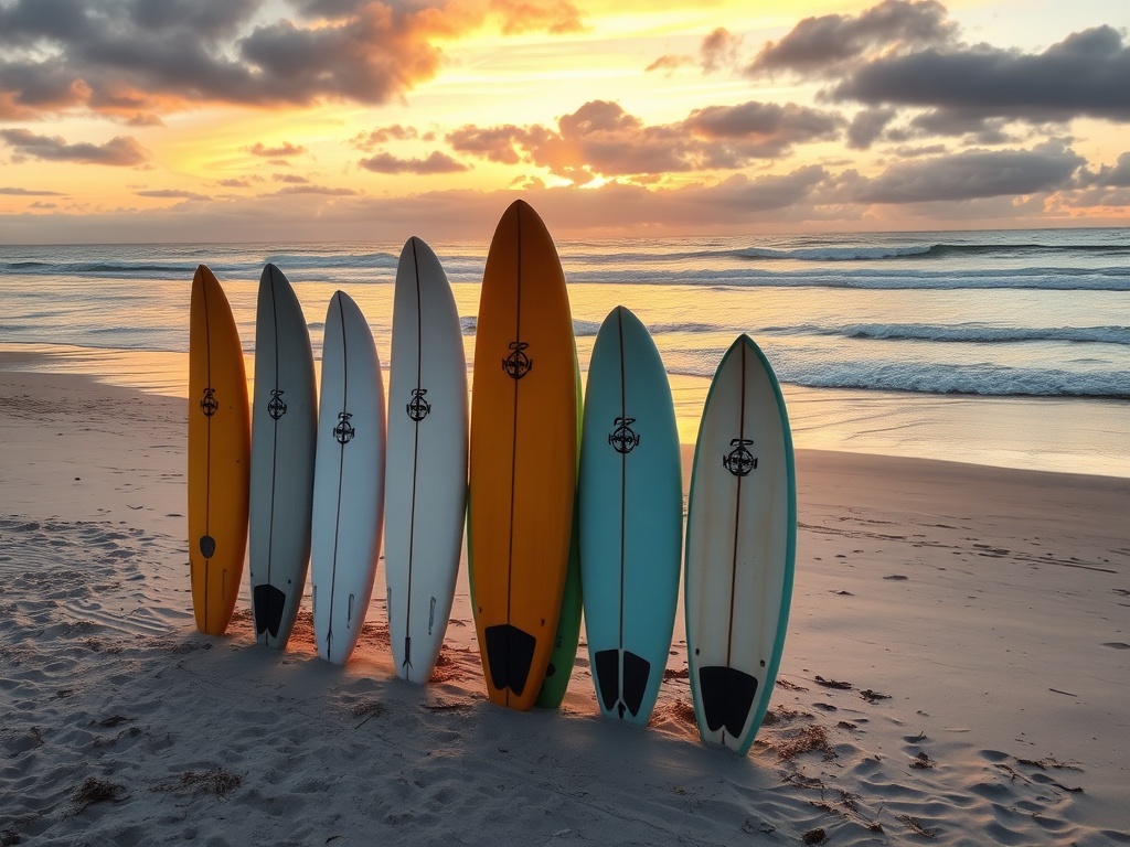 quiver of surfboards on a sandy beach at sunrise, different shapes and sizes lined up