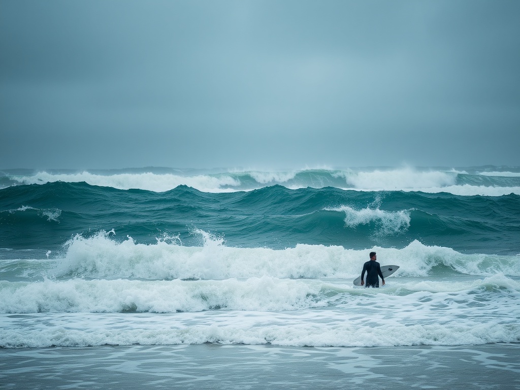 stormy ocean with messy choppy waves and a surfer watching from shore