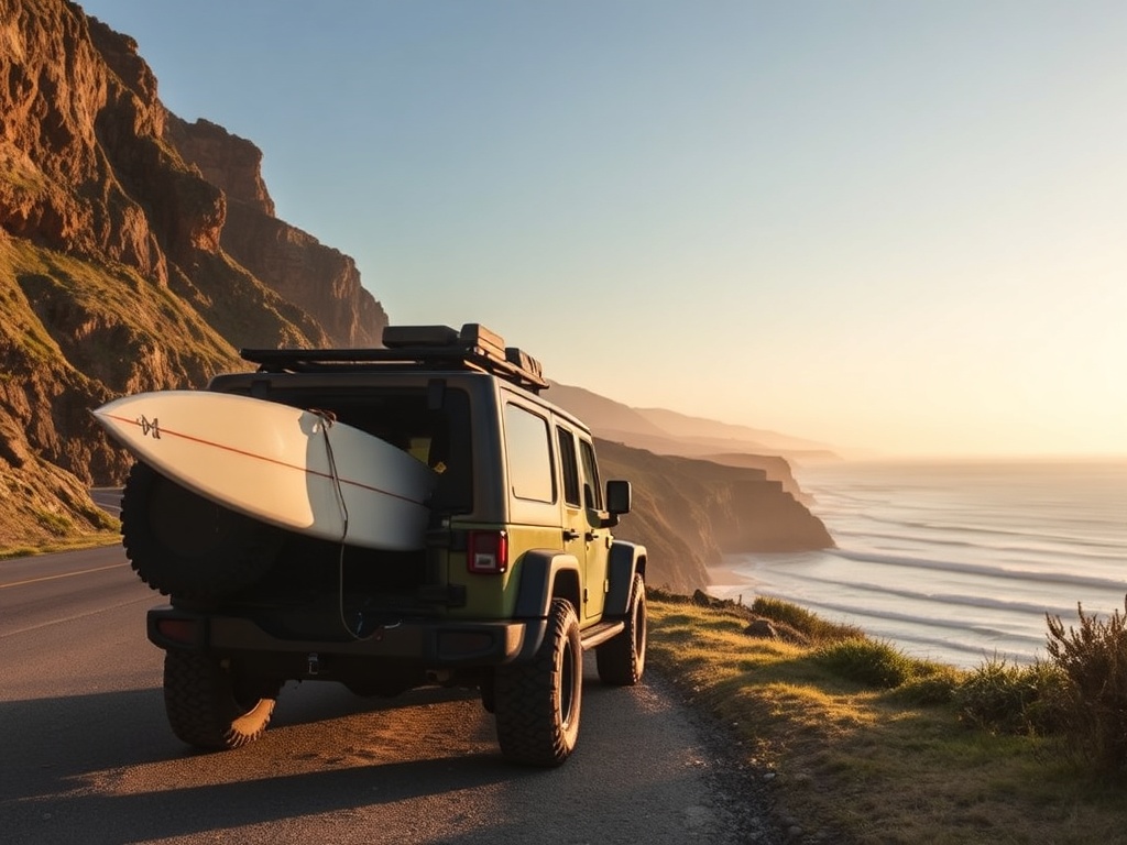 surfer loading boards onto a rugged jeep near a coastal road with cliffs and ocean view