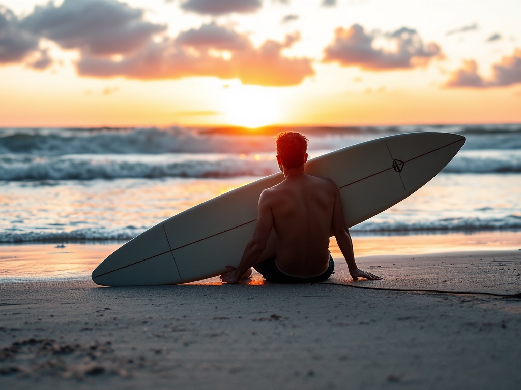 surfer sitting on beach watching sunset after a day of waves, relaxed atmosphere