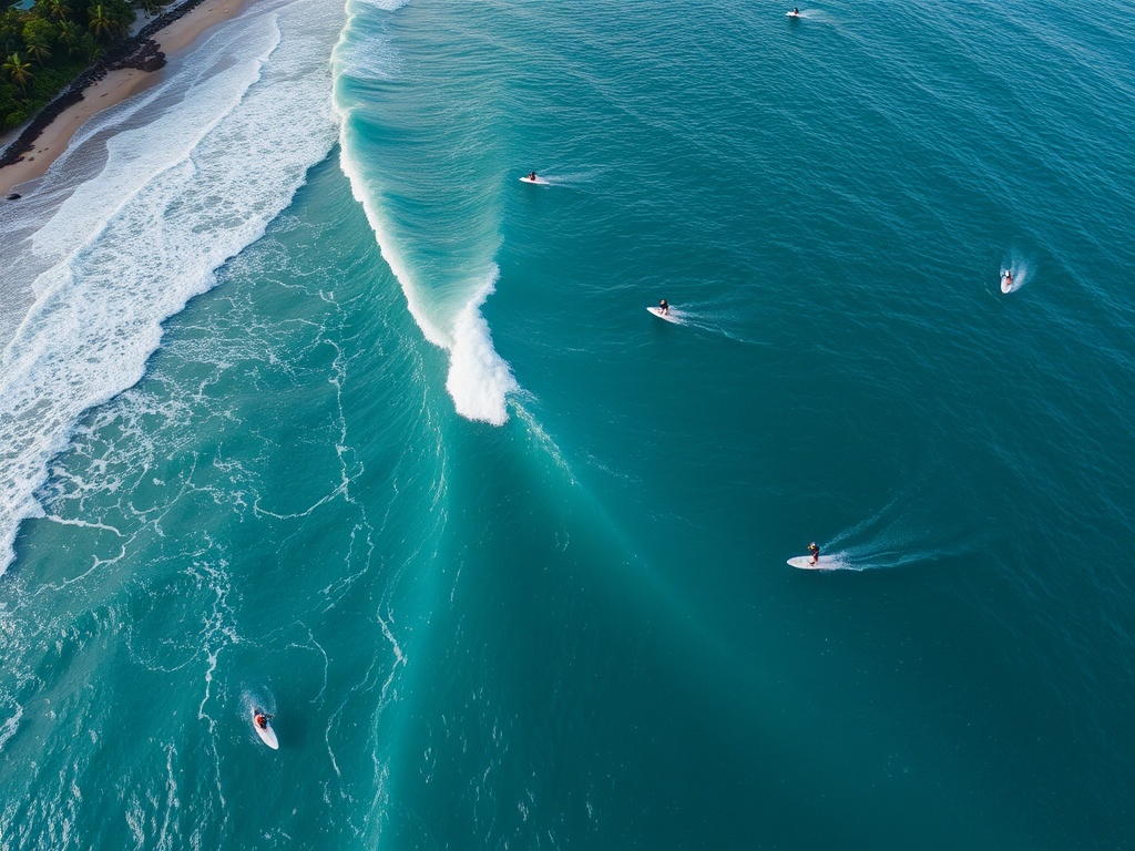 drone-style coastal view of a surf break with multiple surfers catching waves, tropical or rugged coastline
