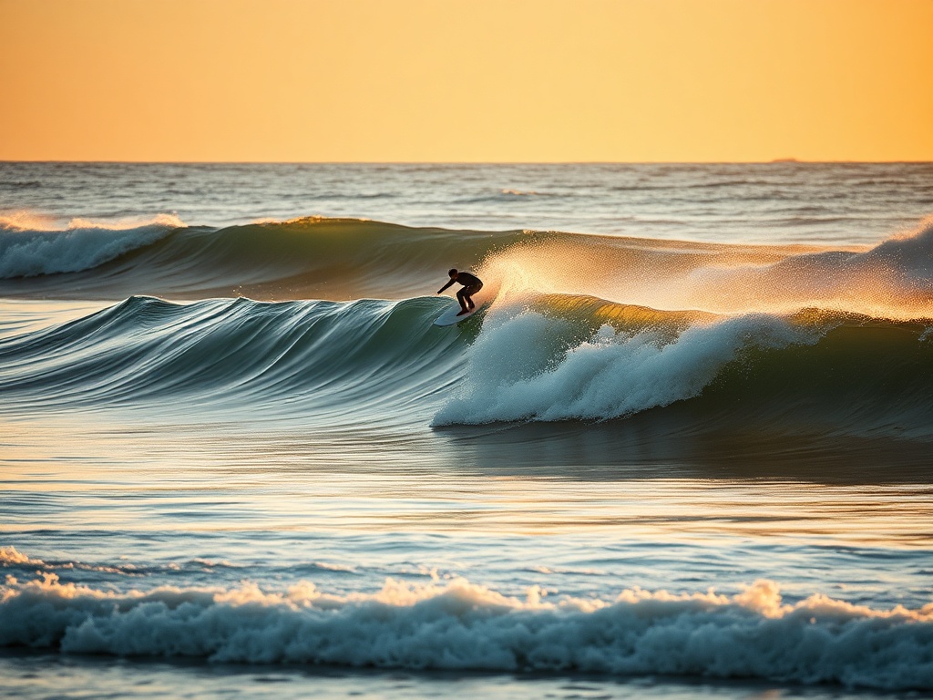golden hour surf session captured on camera from the beach, waves peeling with a surfer riding clean lines, cinematic lighting