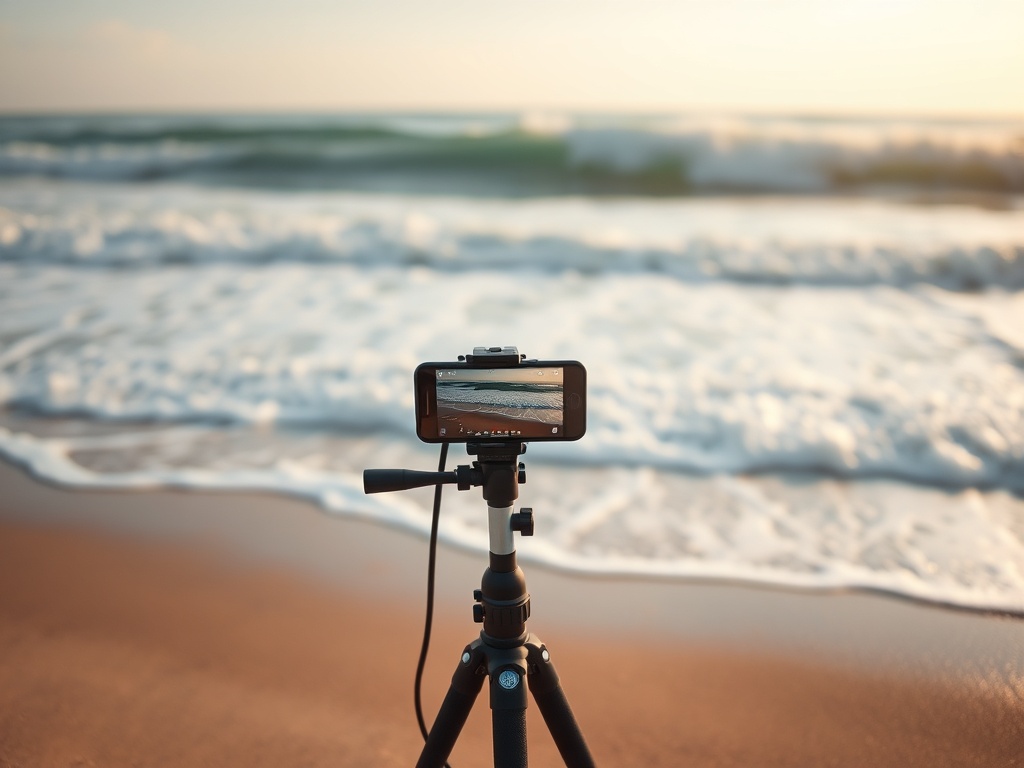 minimal surf filming setup on beach with tripod and smartphone pointed at breaking waves, early morning light