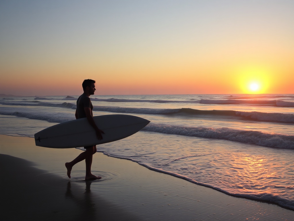 surfer carrying board along shoreline at sunset, reflective mood, long shadows, ocean glowing