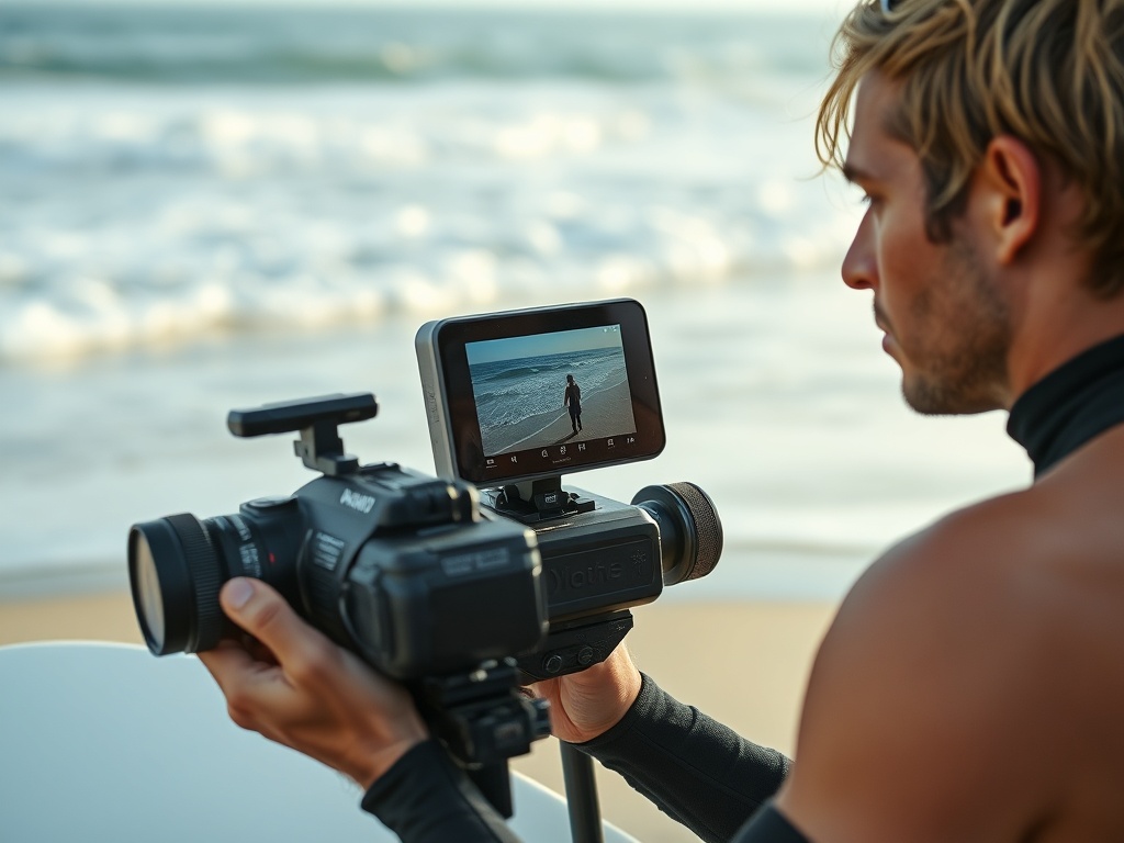 surfer reviewing footage on a camera screen on a sandy beach, wetsuit half off, focused expression, ocean in background