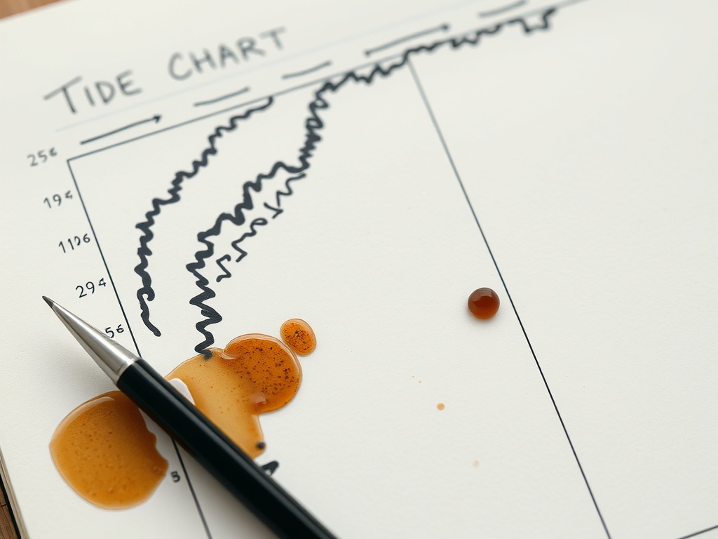 close up of tide chart and surf forecast notes scribbled in notebook with coffee and wax