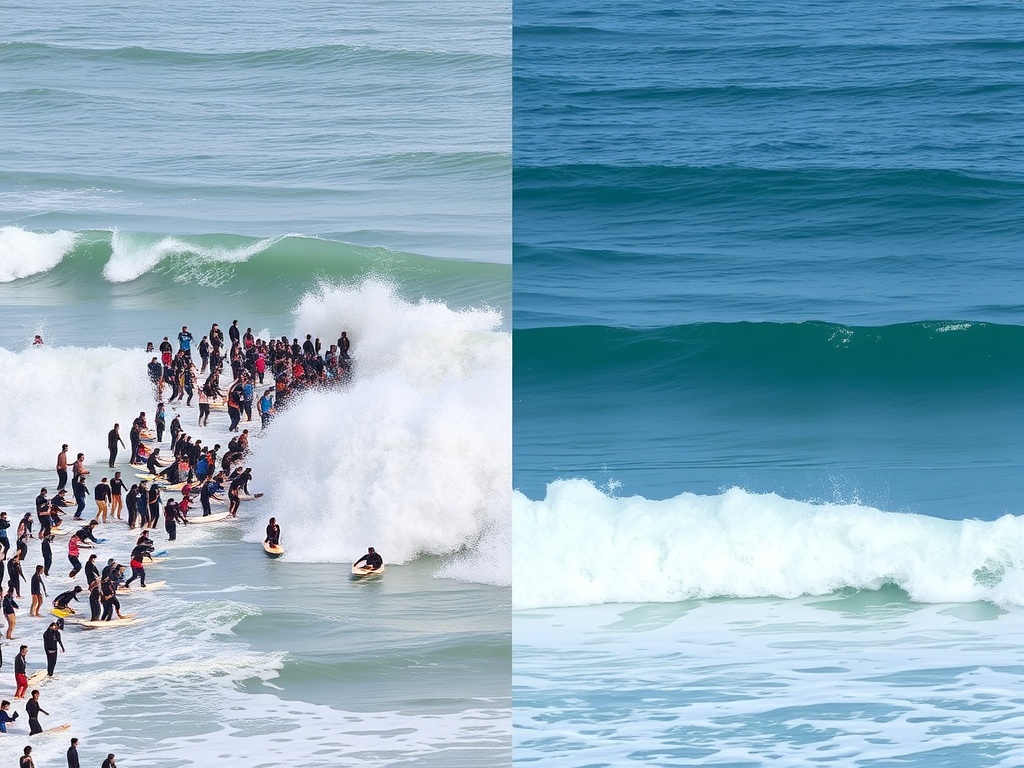 crowded surf lineup with messy onshore waves compared to empty clean wave contrast