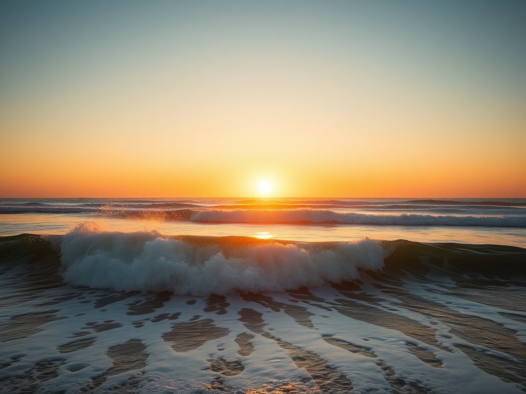 golden sunrise over empty surf break with clean peeling waves and offshore wind