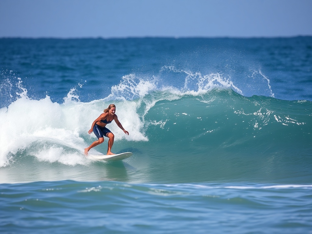 intermediate surfer riding perfect clean wave smiling versus advanced surfer stuck in choppy messy surf