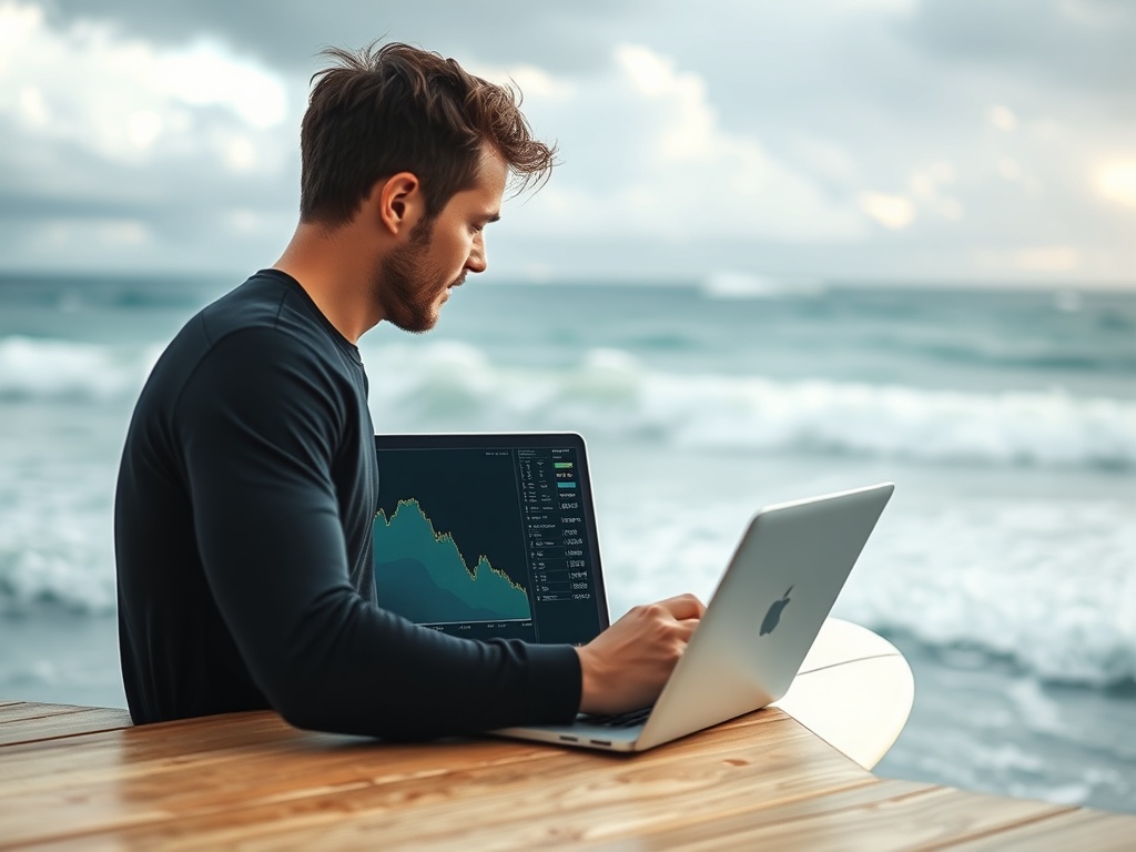 surfer checking surf forecast charts on laptop with ocean in background storm clouds building