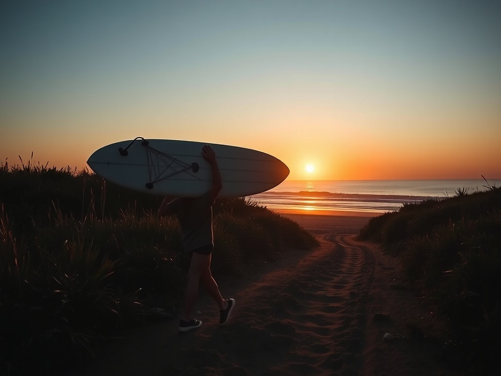 traveler carrying surfboard walking down dirt path to remote beach at sunset adventure vibe
