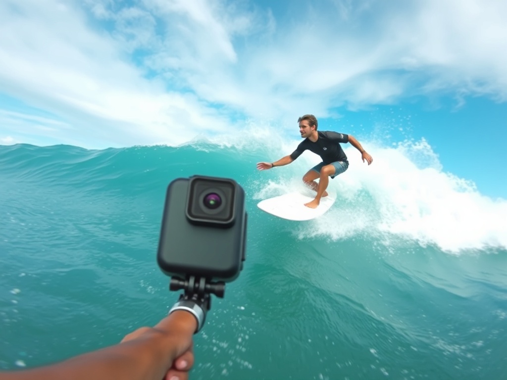 action shot of surfer riding a wave with GoPro camera