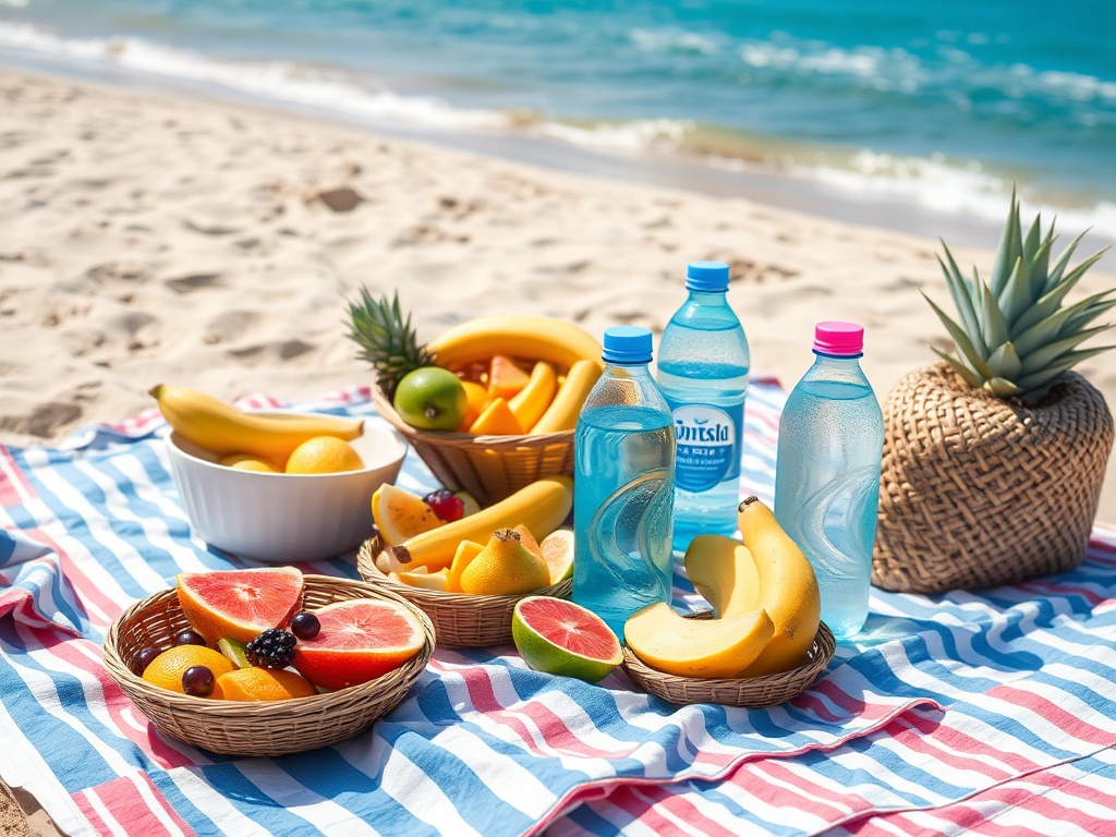 beach picnic with healthy fruits and water bottles