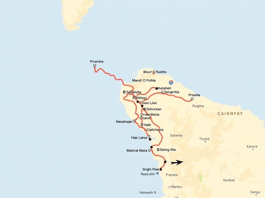 map with surf spots highlighted and travel route