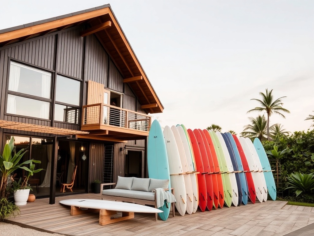 modern surf hostel with boards lined up outside