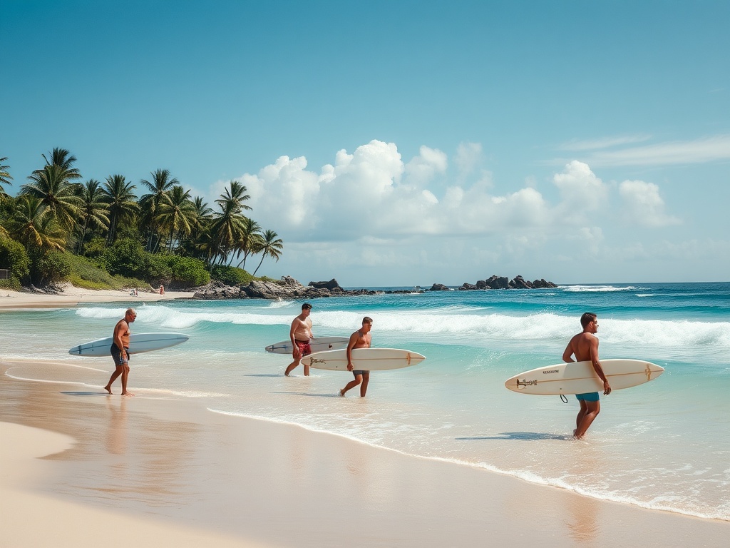 sunny tropical beach with surfers preparing boards