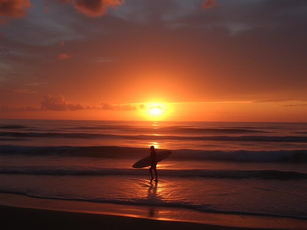 sunset on a surf beach with a surfer walking back