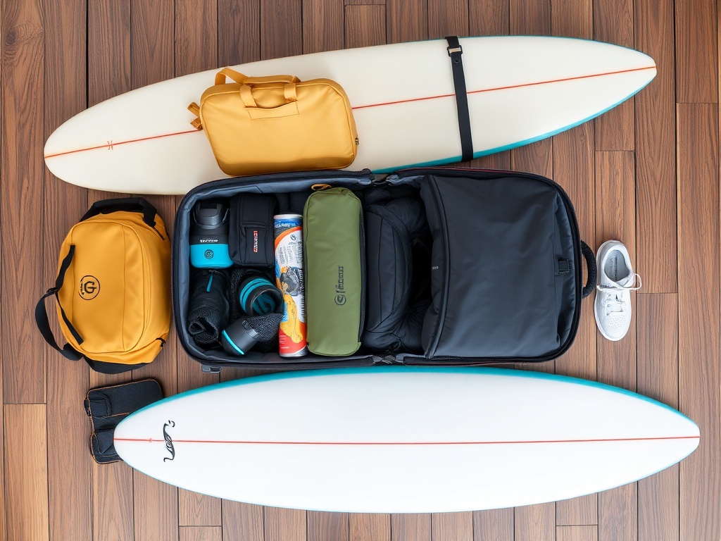 surf gear neatly packed for travel