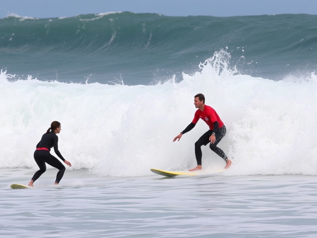 surf instructor demonstrating wave technique to students