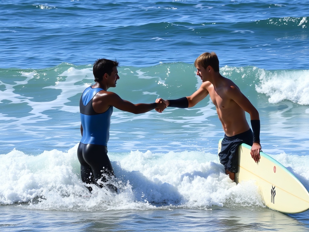 surfers shaking hands before entering the waves