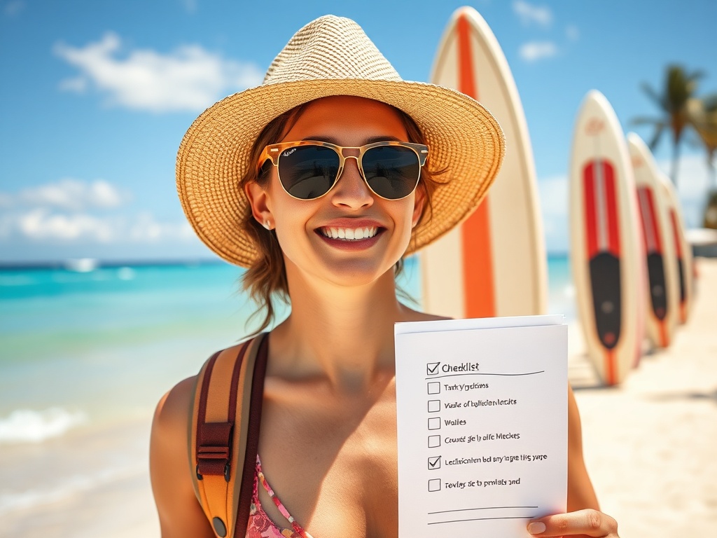 a traveler smiling on a beach with surfboards and a checklist