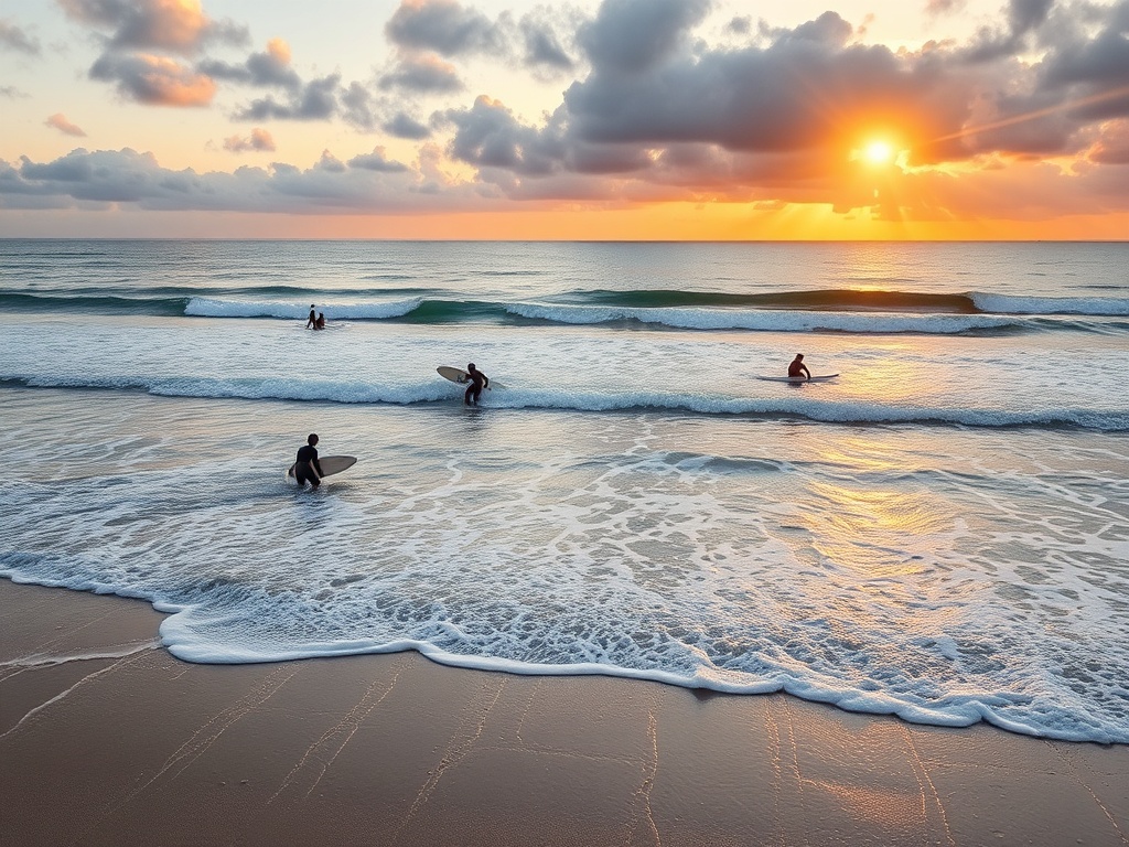 local surf beach with surfers in action under golden sunset