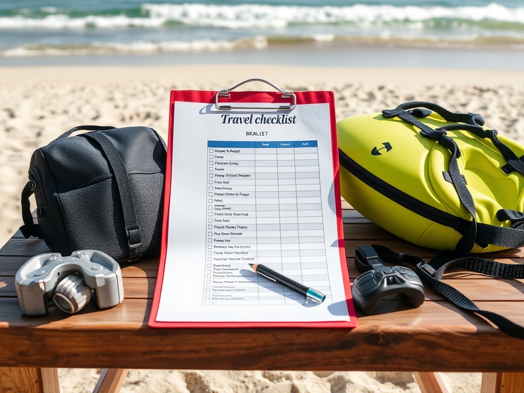 organized travel checklist on a beachside table with surf gear