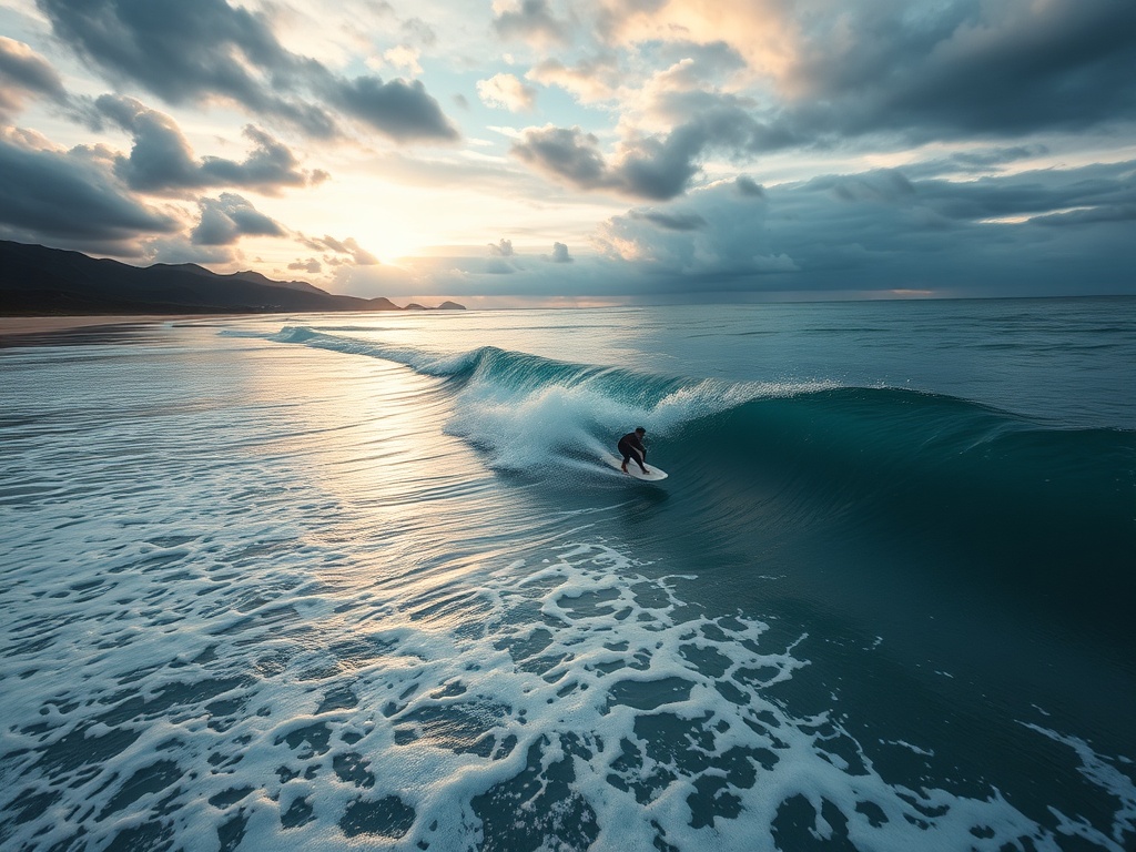 surfer riding a perfect wave at a secluded beach with dramatic skies