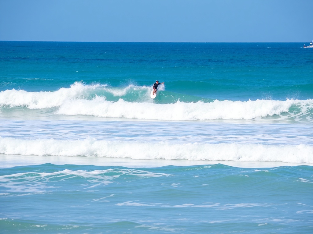 surfers catching waves with vibrant blue ocean and clear skies