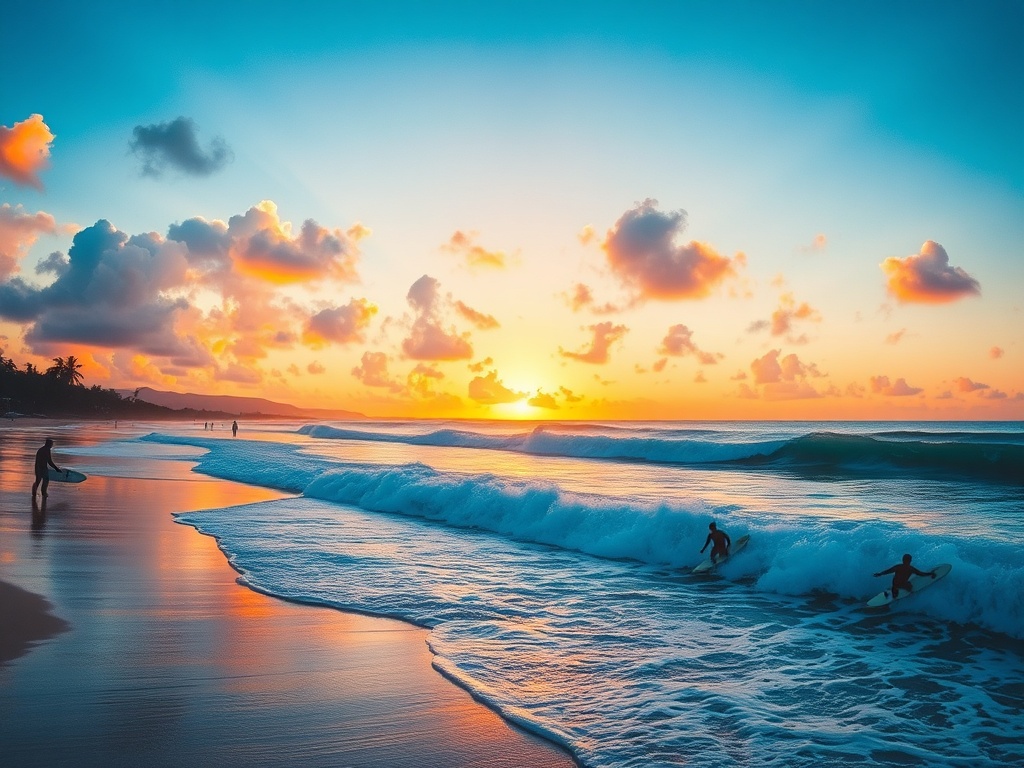vivid tropical surf beach at sunrise with crashing waves and surfers