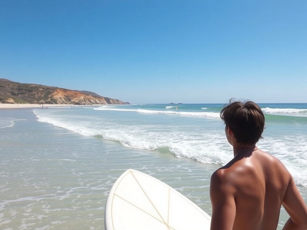 a surfer looking out over an idyllic beach with gentle waves and clear blue sky