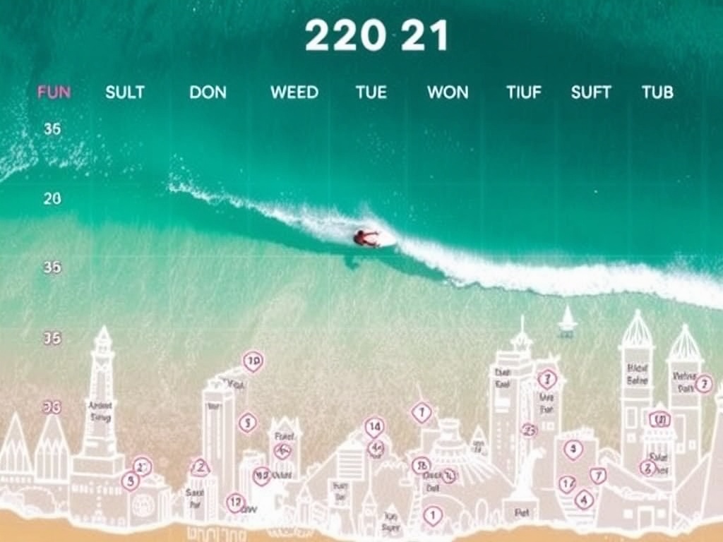 calendar with tropical surf spots marked for peak surfing seasons