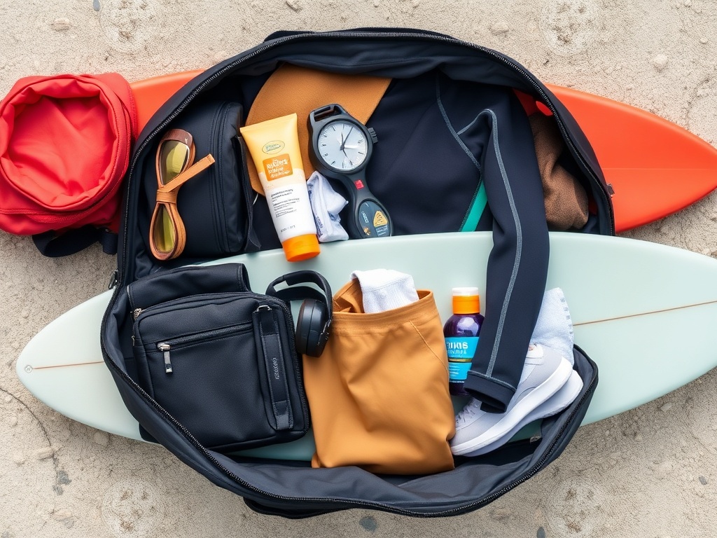 packed surf bag with board, wetsuit, sunscreen, and travel essentials
