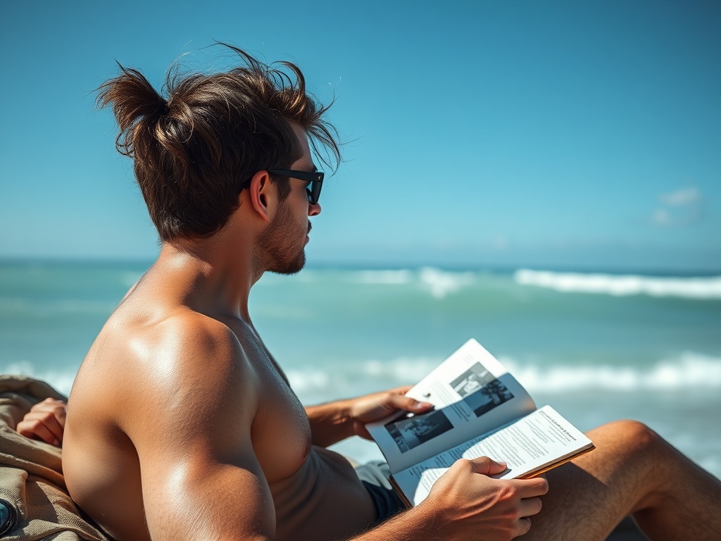 surfer relaxing with a journal and photos after a surf trip