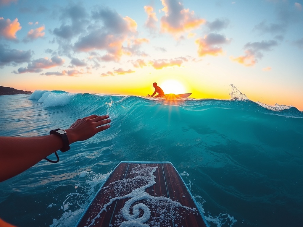 surfer taking photos of waves with a GoPro at sunset